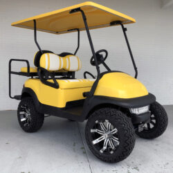 YELLOW AND WHITE DOUBLE TAKE LIFTED CLUB CAR PRECEDENT GOLF CART 01
